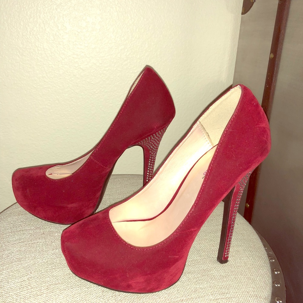 Red and silver suede heels